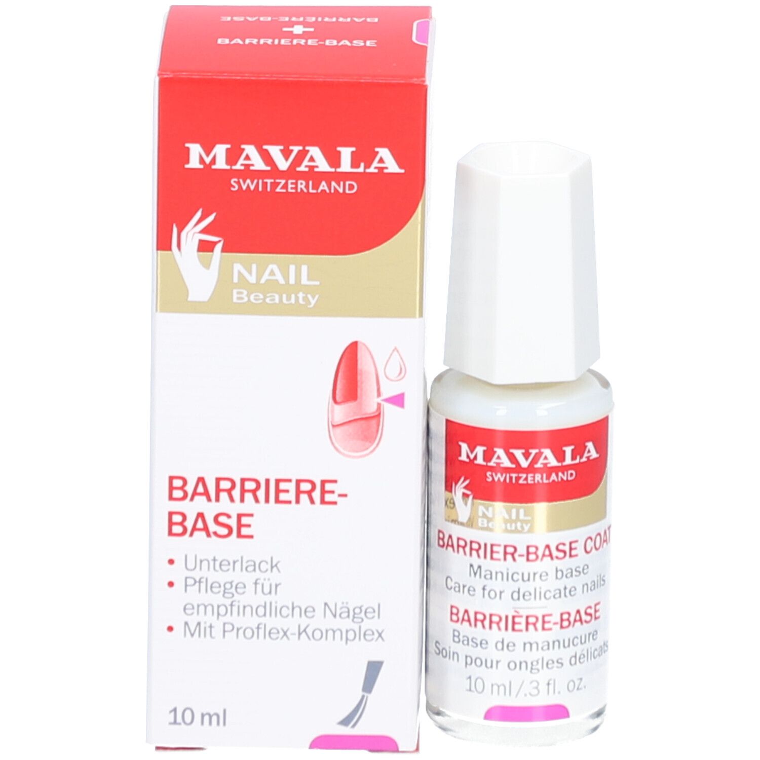 Mavala Barriere Base Nagelpflege. Flasche und Verpackung. Rote Verpackung mit Text und Logo. 10 ml.
