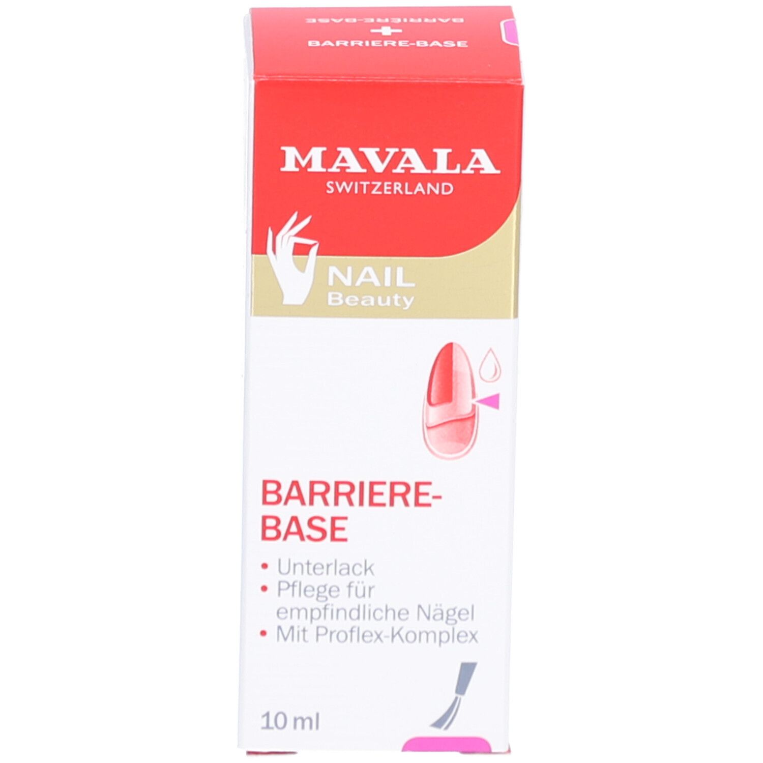 Mavala Barriere Base Nagelpflege. Verpackung. Rote Verpackung mit Text und Logo. 10 ml.