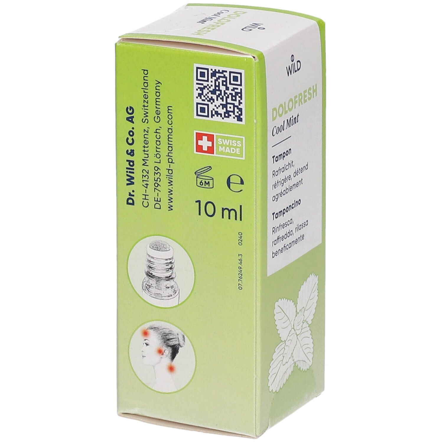 Grüne Schachtel DOLOFRESH Cool Mint. Enthält 10 ml, Swiss Made. Mit QR-Code und Produktabbildung.