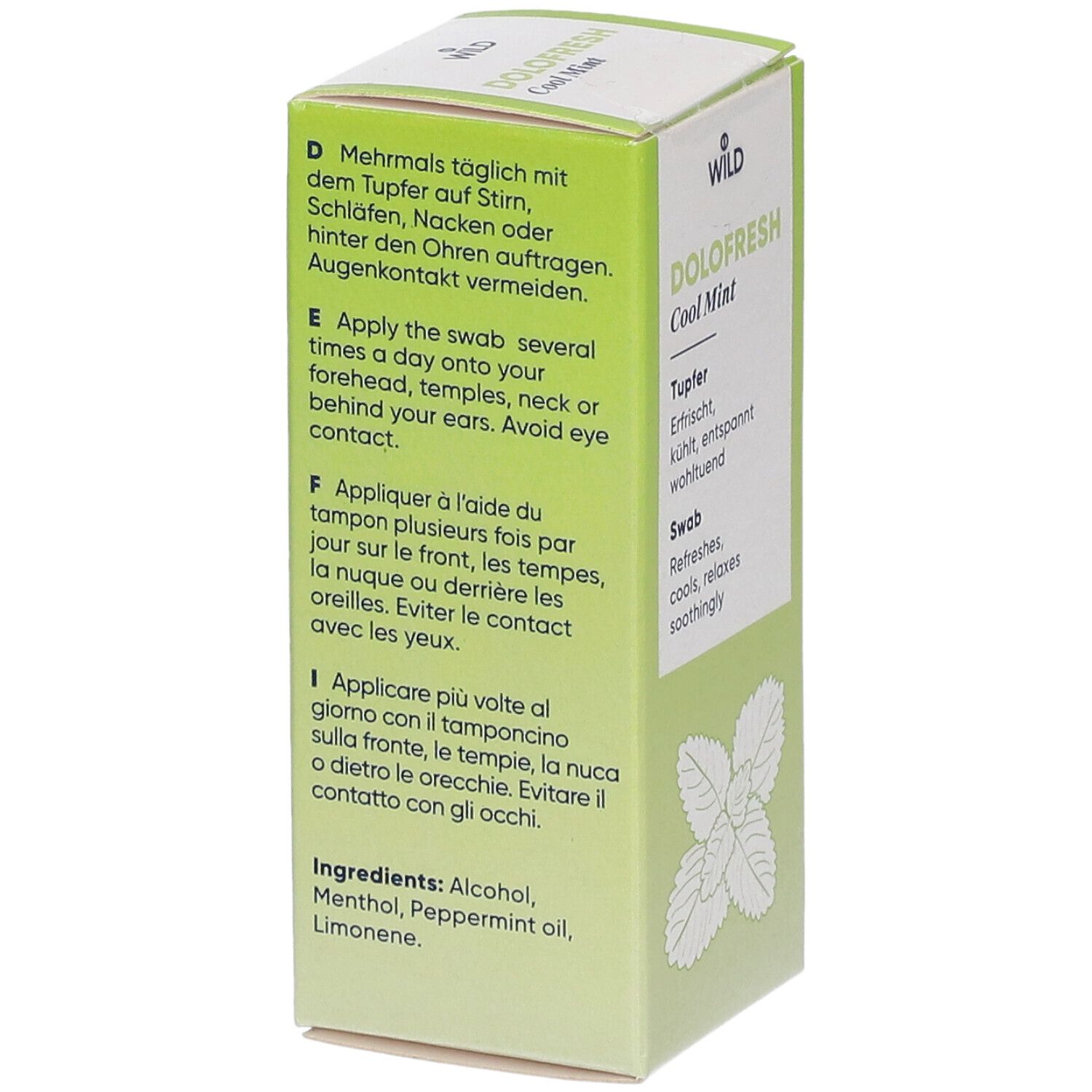 Grüne Schachtel DOLOFRESH Cool Mint. Text: Anwendungshinweise in Deutsch, Englisch, Französisch, Italienisch.