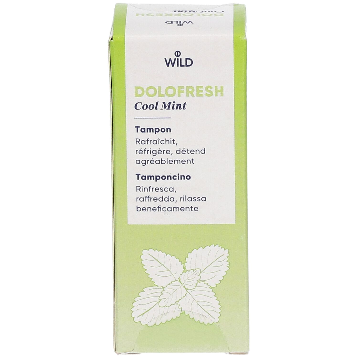 Grüne Schachtel DOLOFRESH Cool Mint. Enthält Tampon, mit Minzblatt-Illustration.