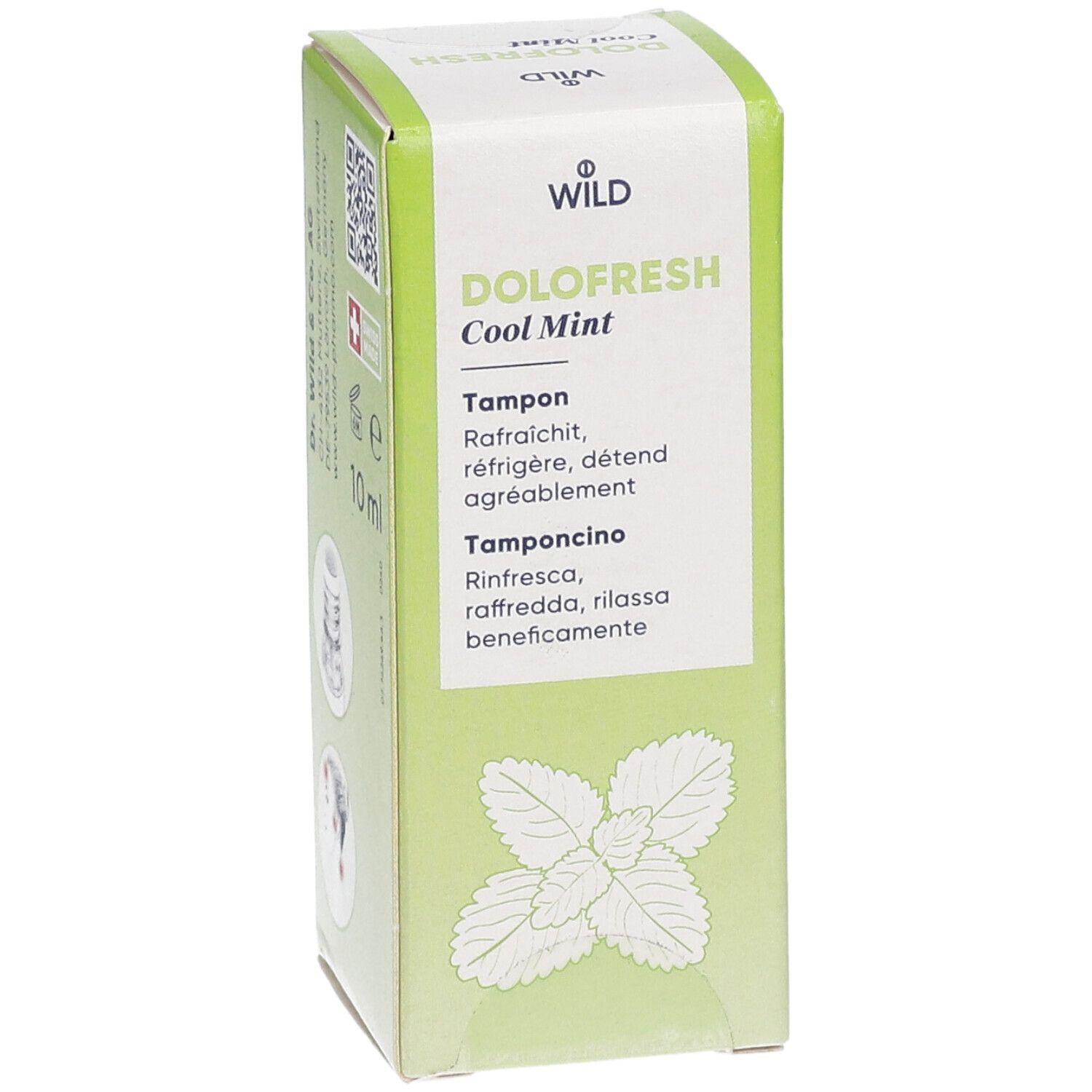 Grüne Schachtel DOLOFRESH Cool Mint. Enthält 10 ml, Swiss Made. Mit QR-Code und Produktabbildung.