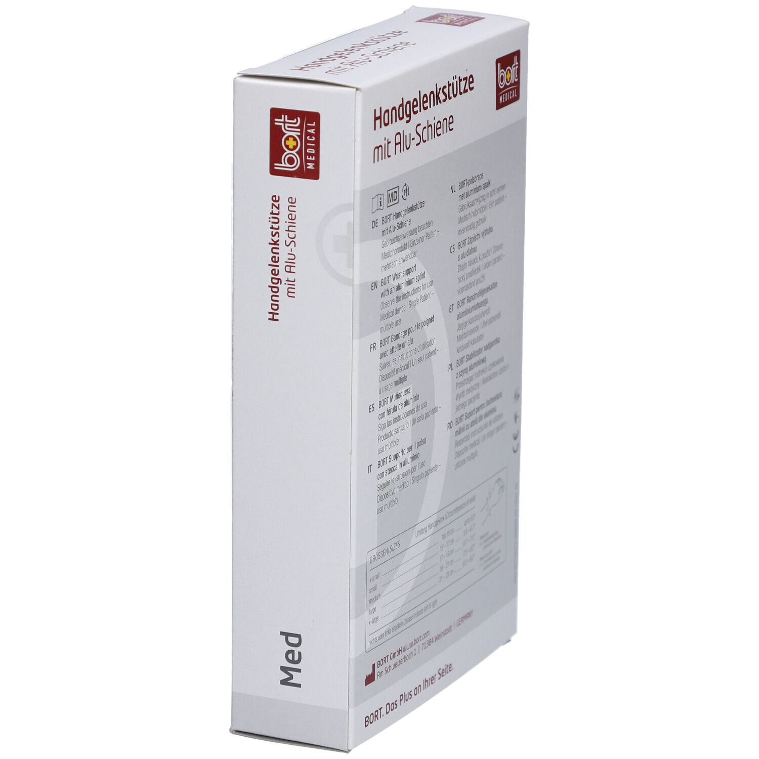 Vue latérale de la boîte de l'attelle de poignet avec attelle en aluminium. Informations sur le produit et logo.