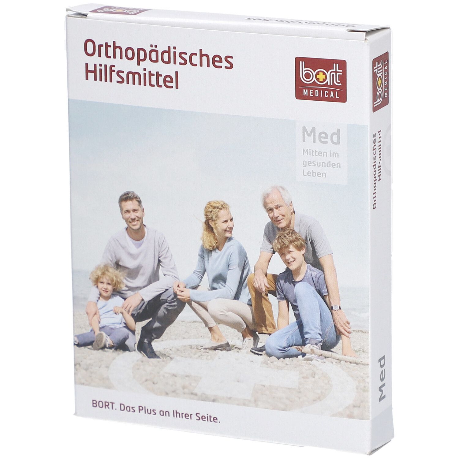 Verpackung mit "Orthopädisches Hilfsmittel" und "bort MEDICAL"-Logo. Familienfoto auf der Vorderseite.