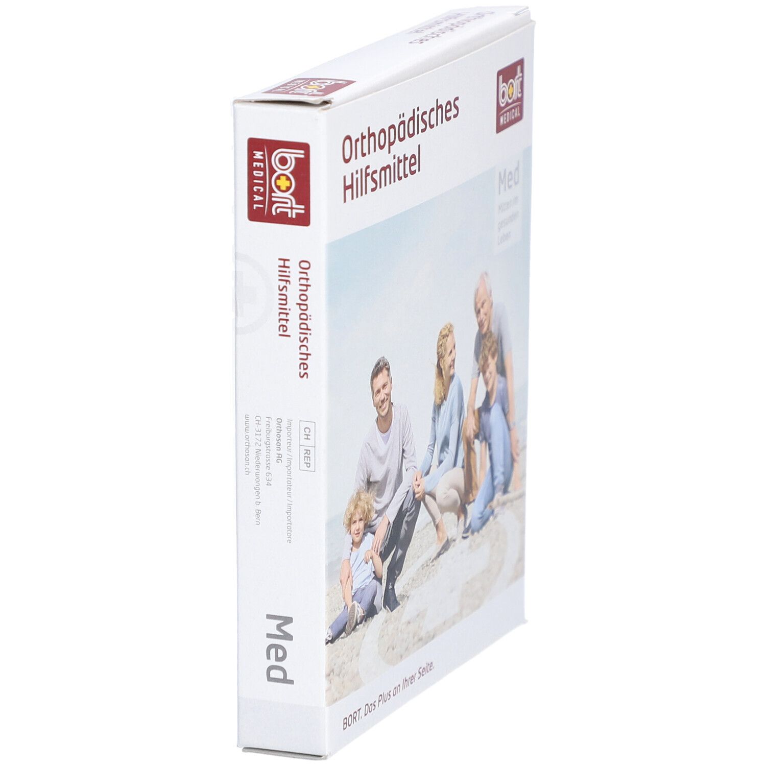 Verpackung "Orthopädisches Hilfsmittel" mit Logo "bort MEDICAL". Seitenansicht mit Text und Familienfoto.