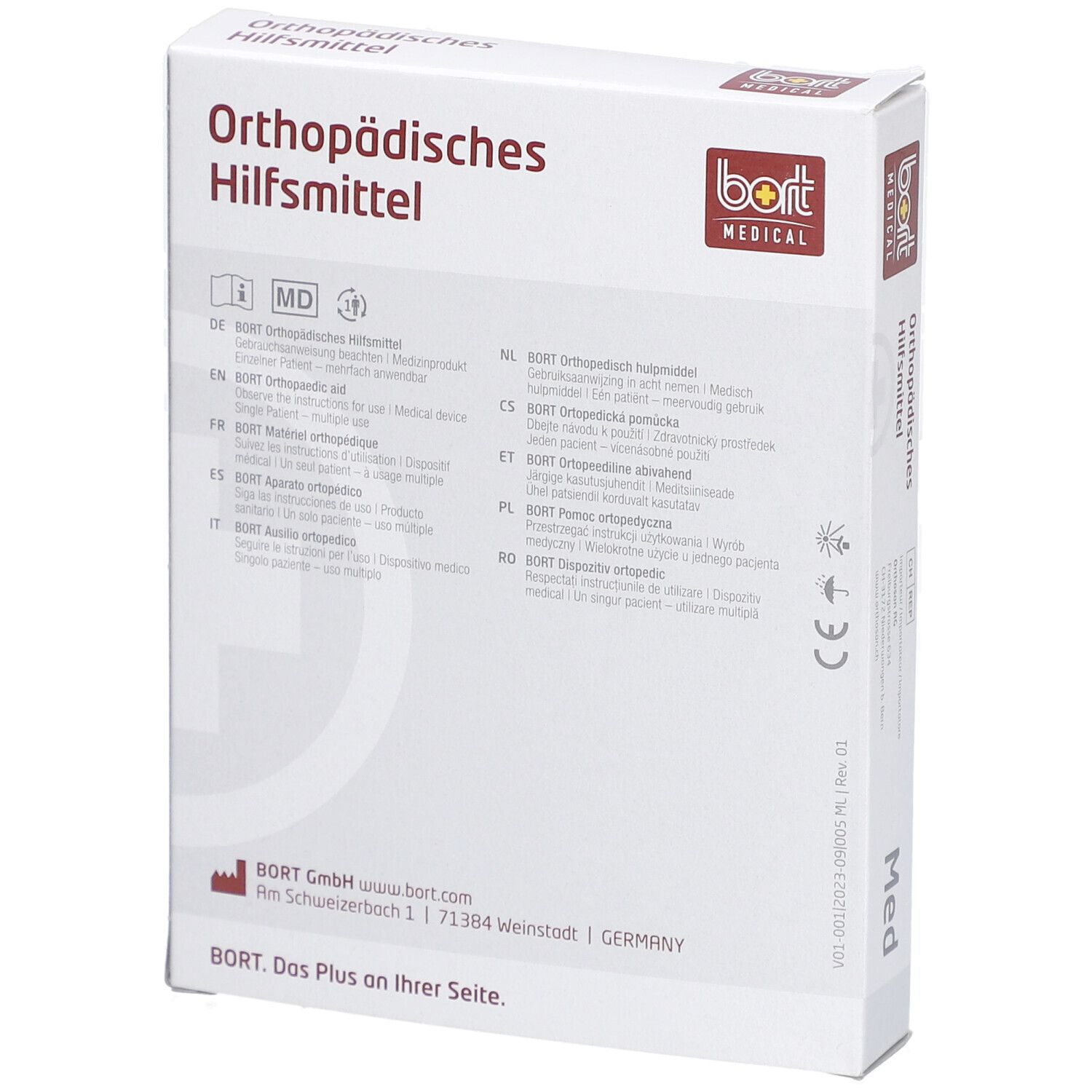 Verpackung "Orthopädisches Hilfsmittel" mit Logo "bort MEDICAL". Mehrsprachiger Text und Firmenadresse.