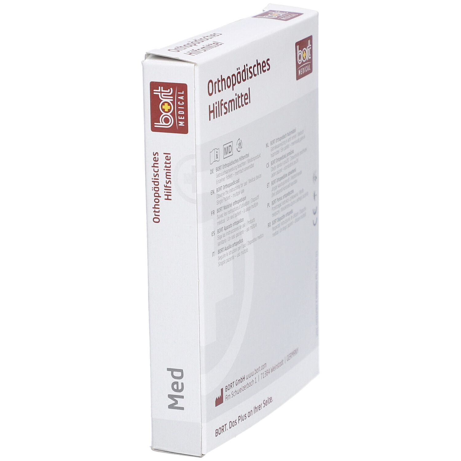 Verpackung "Orthopädisches Hilfsmittel" mit Logo "bort MEDICAL". Seitenansicht mit Text.