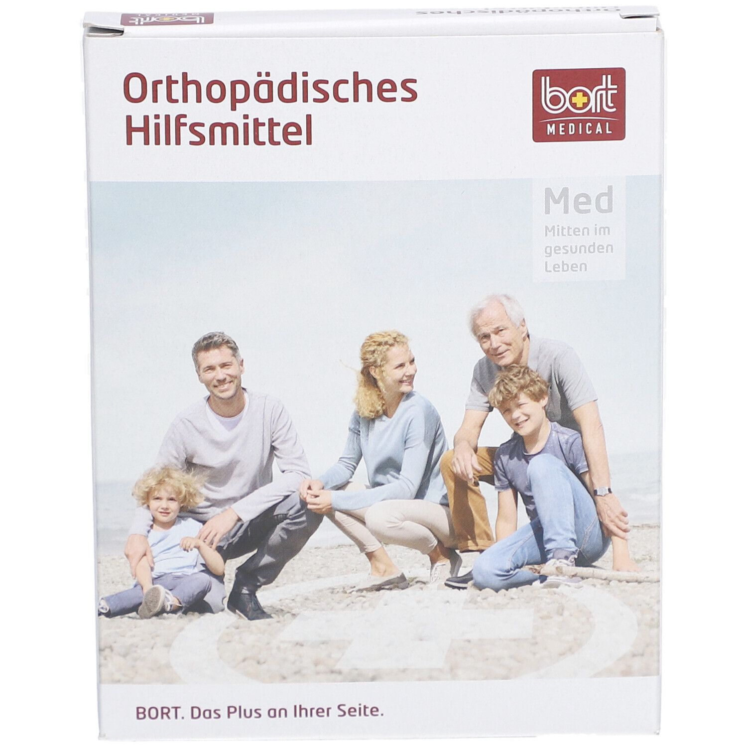 Verpackung "Orthopädisches Hilfsmittel" mit Logo "bort MEDICAL". Familienfoto auf der Vorderseite.