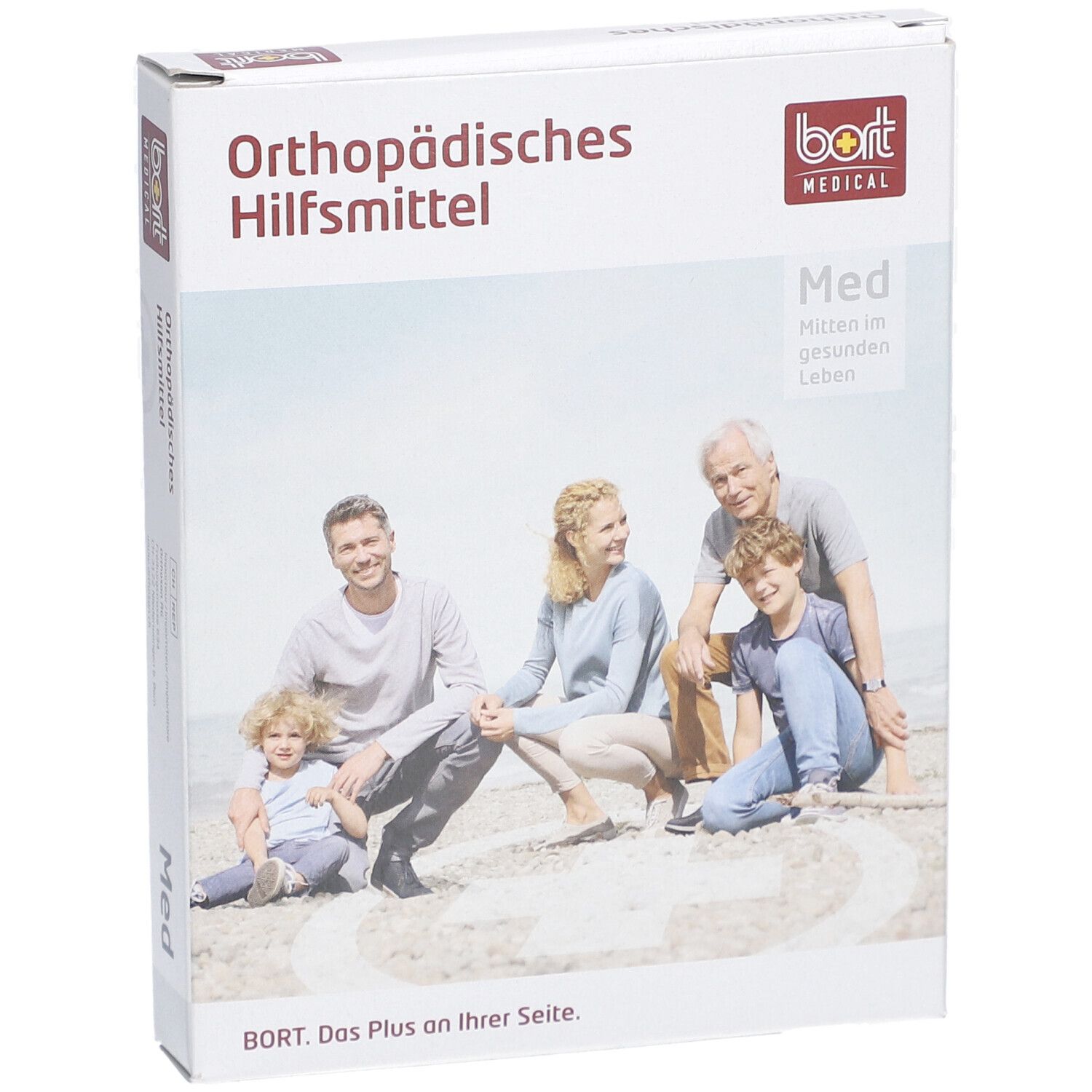 Verpackung "Orthopädisches Hilfsmittel" mit Logo "bort MEDICAL". Familienfoto auf der Vorderseite.
