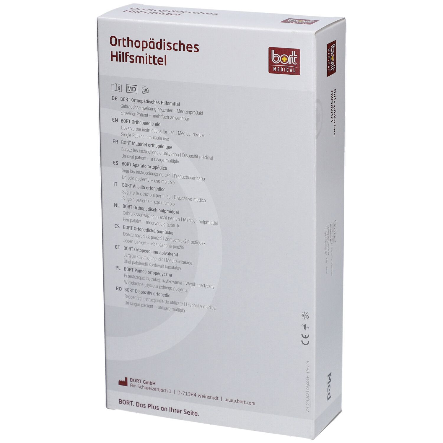 Emballage BORT MEDICAL. Inscription : Dispositif orthopédique. Logo BORT MEDICAL. Dos avec texte en plusieurs langues.
