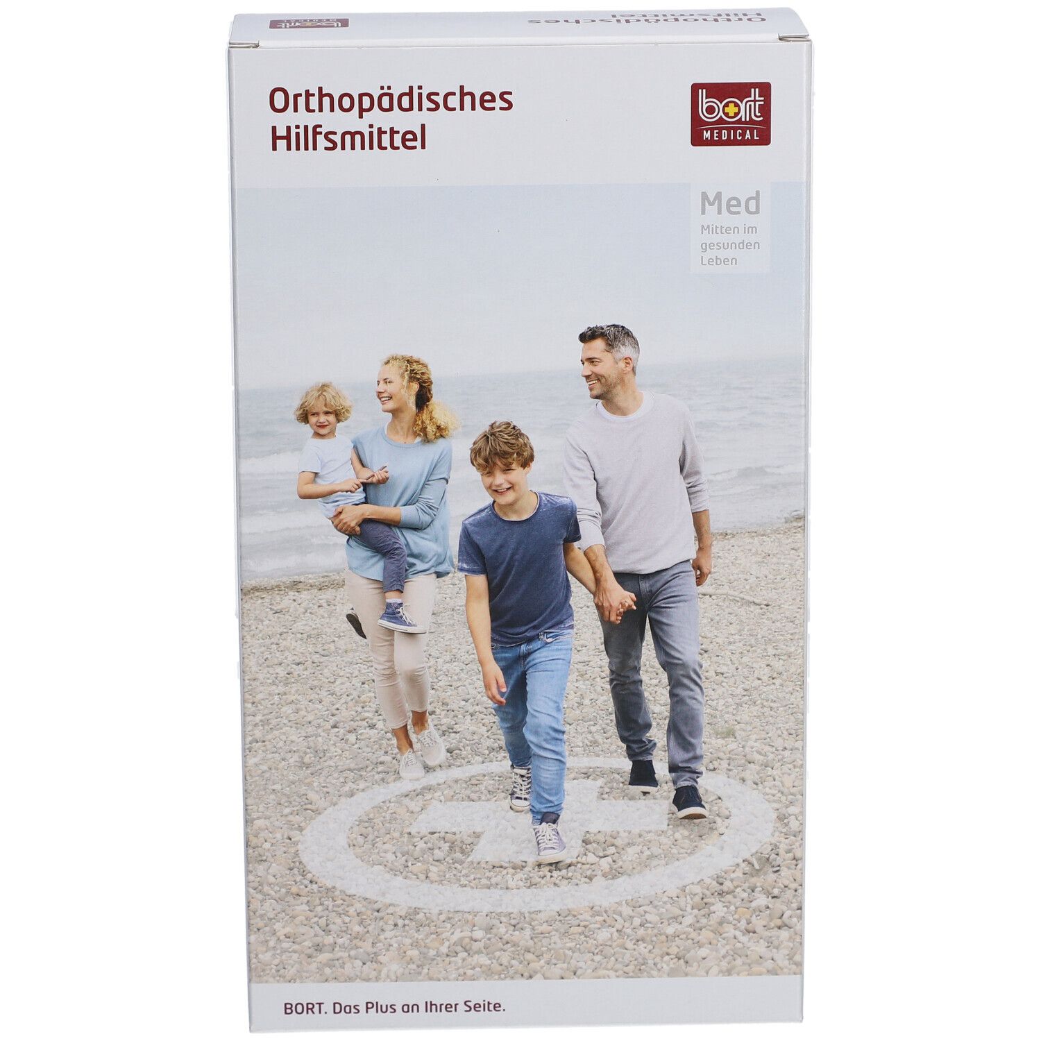 Emballage BORT MEDICAL. Inscription : Dispositif orthopédique. Image d'une famille à la plage. Logo BORT MEDICAL.