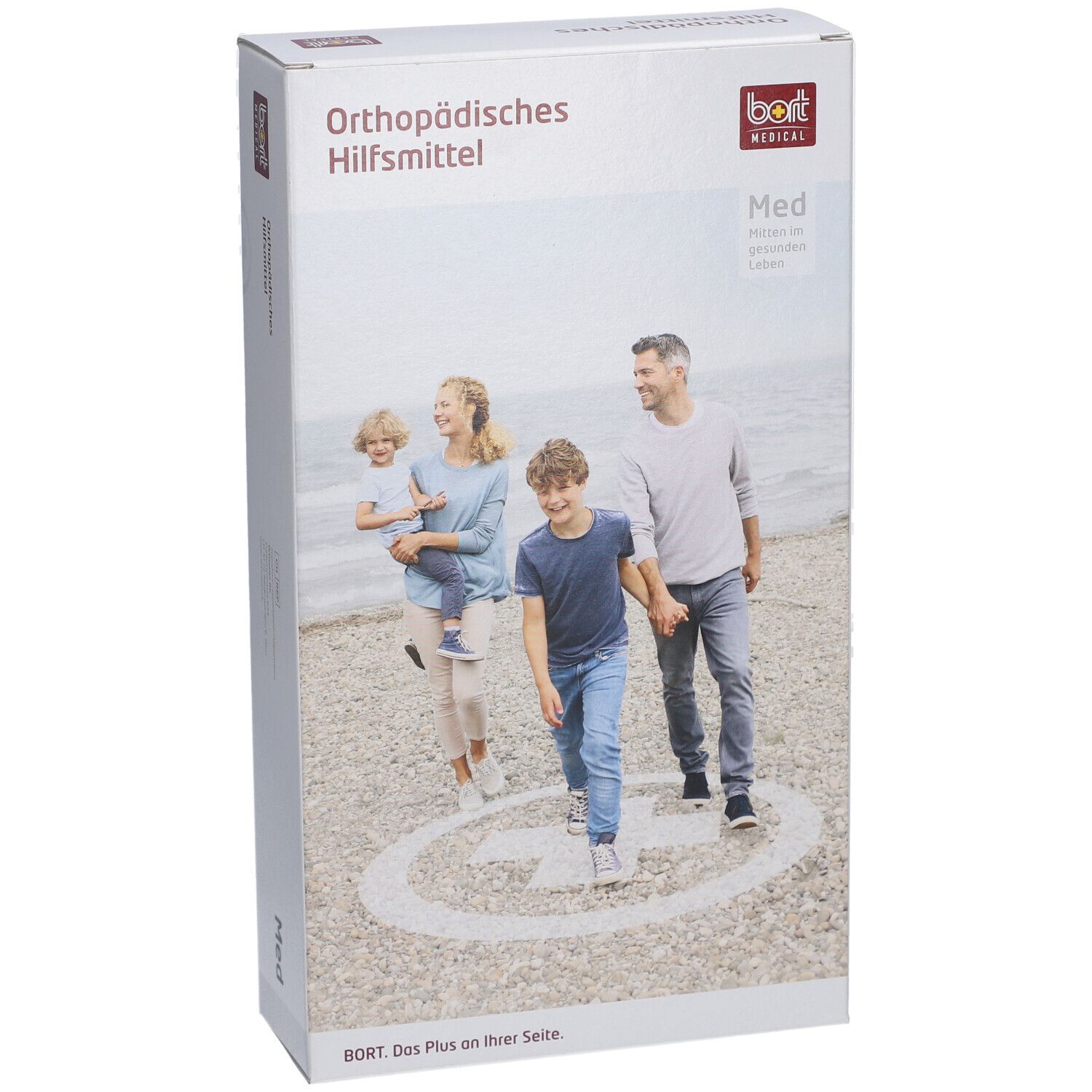 Emballage BORT MEDICAL. Inscription : Dispositif orthopédique. Image d'une famille à la plage. Logo BORT MEDICAL.