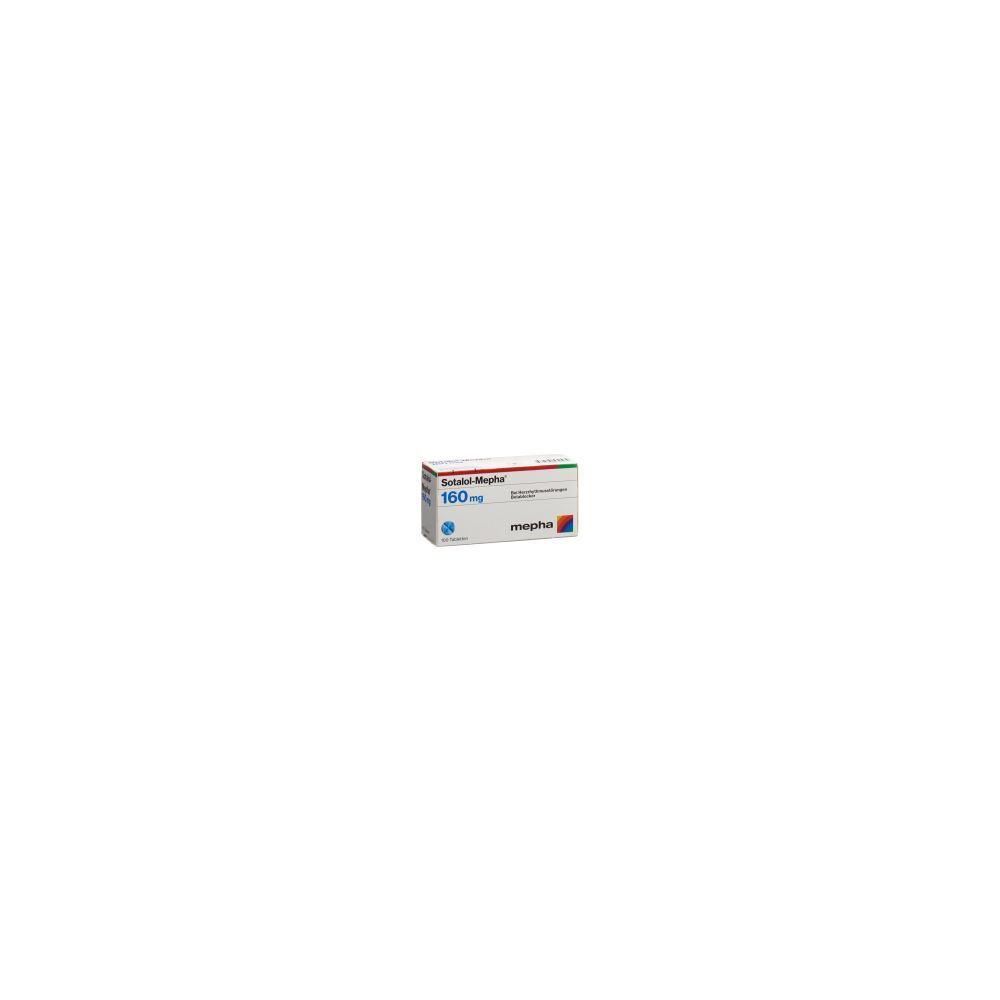 Schachtel mit Sotalol Mepha Tabl 160 mg. Aufschrift: 160 mg, mepha. Weiß, rot, grün und blau. Rechteckige Form.