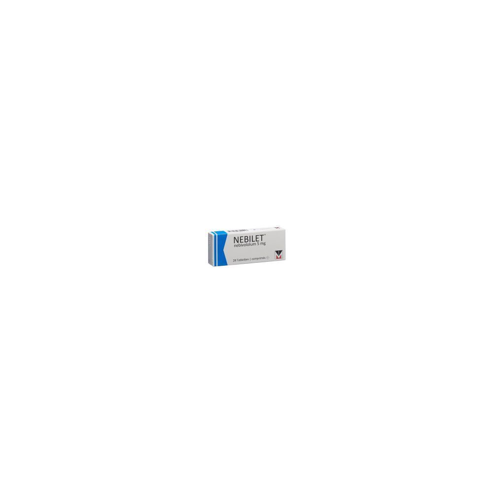 Boîte de comprimés NEBILET. Inscription en blanc sur fond bleu et blanc. Contient 28 comprimés.
