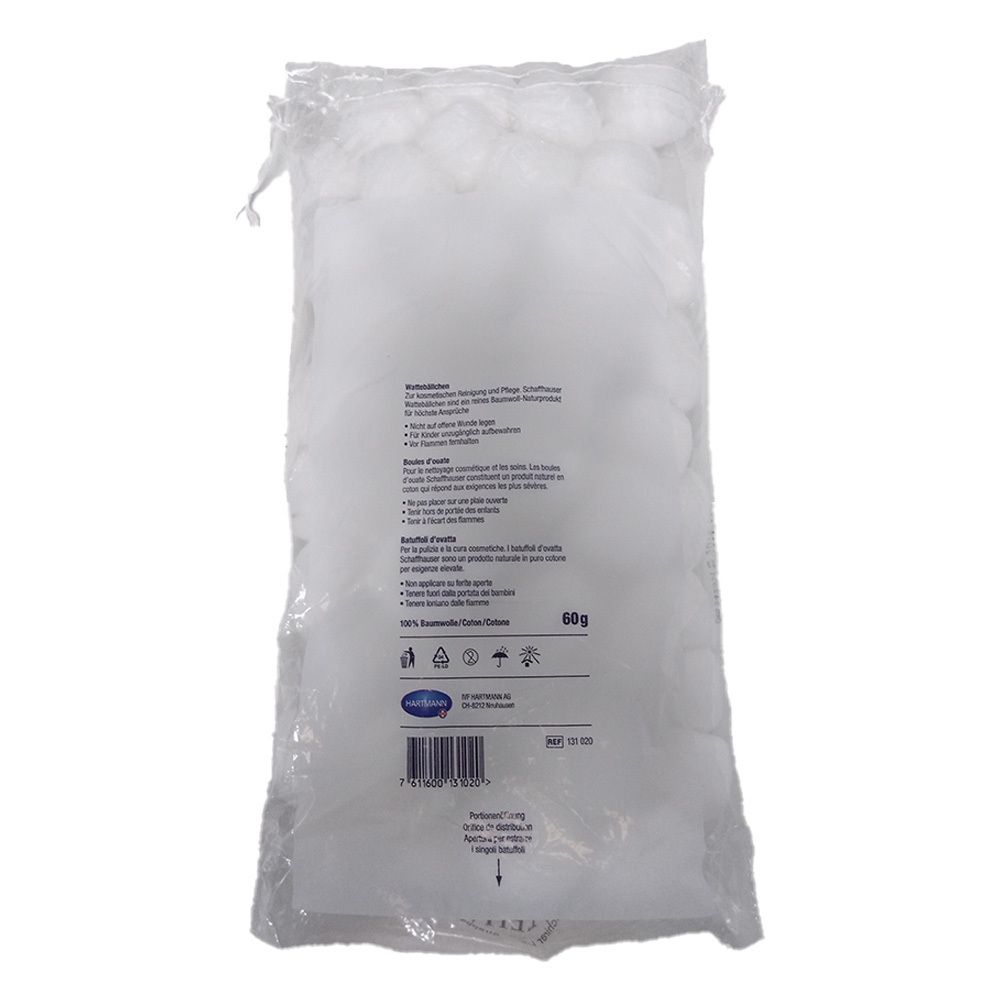 Rückseite der transparenten Verpackung mit Wattebällchen. Text und Logo.