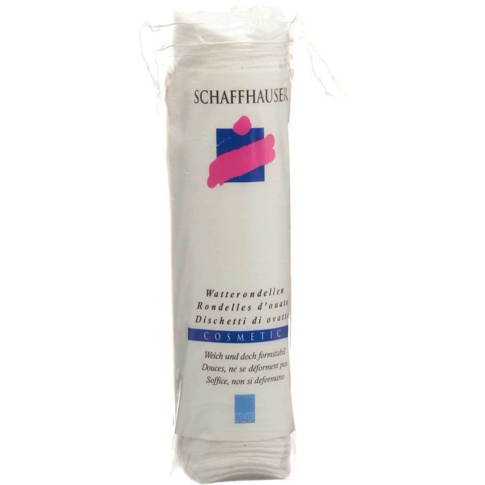 Emballage cylindrique de tampons de coton. Inscription: SCHAFFHAUSER, COSMETIC. Tampons en sachet. Texte en allemand, français, italien.