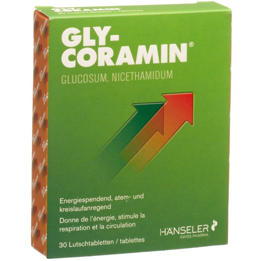 Grüne Schachtel mit "GLY-CORAMIN"-Schriftzug und Pfeil-Grafik. Enthält 30 Lutschtabletten. Hersteller: Hänseler Swiss Pharma.
