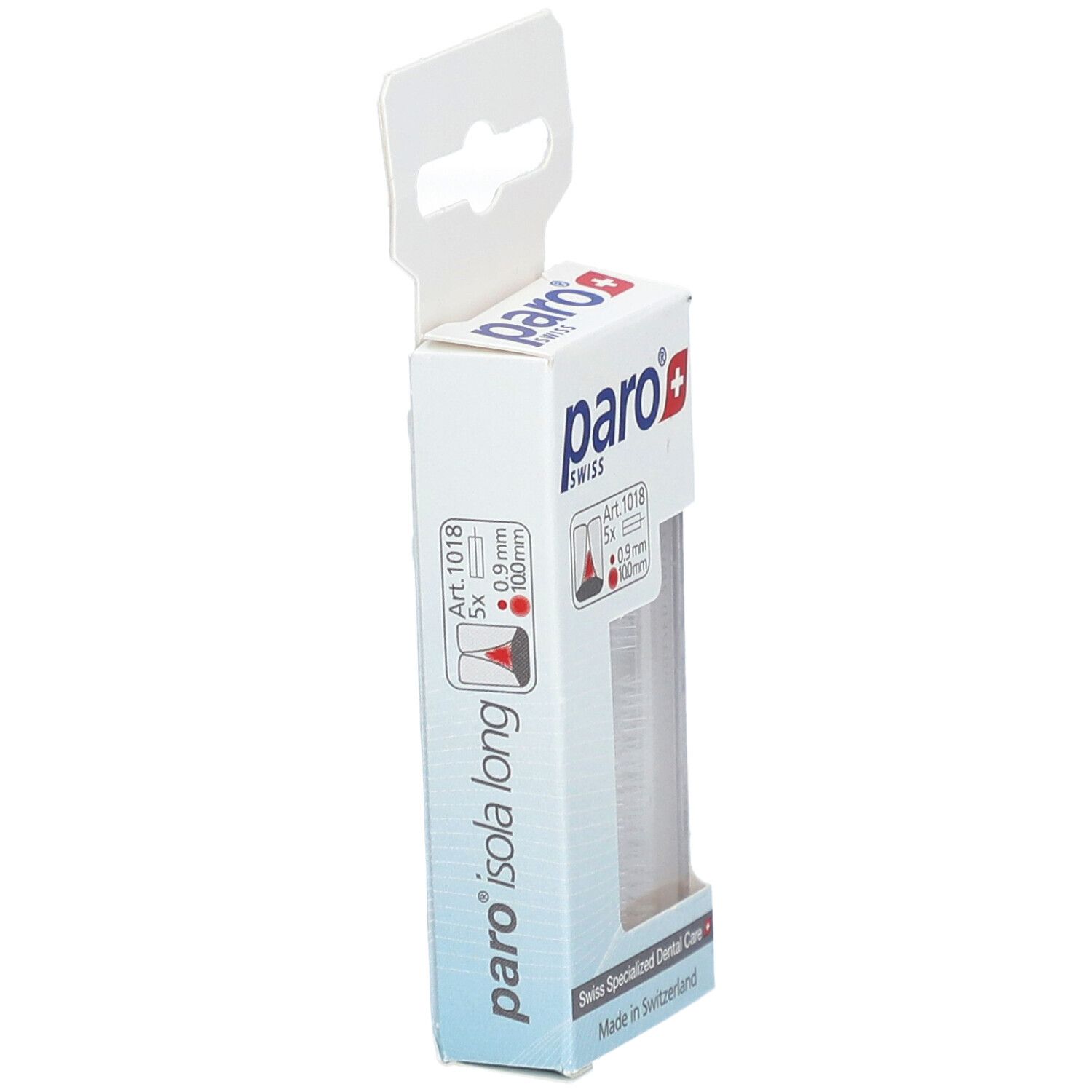 Seitenansicht der Verpackung paro® Isola Long. Produktbezeichnung und Marke deutlich erkennbar.