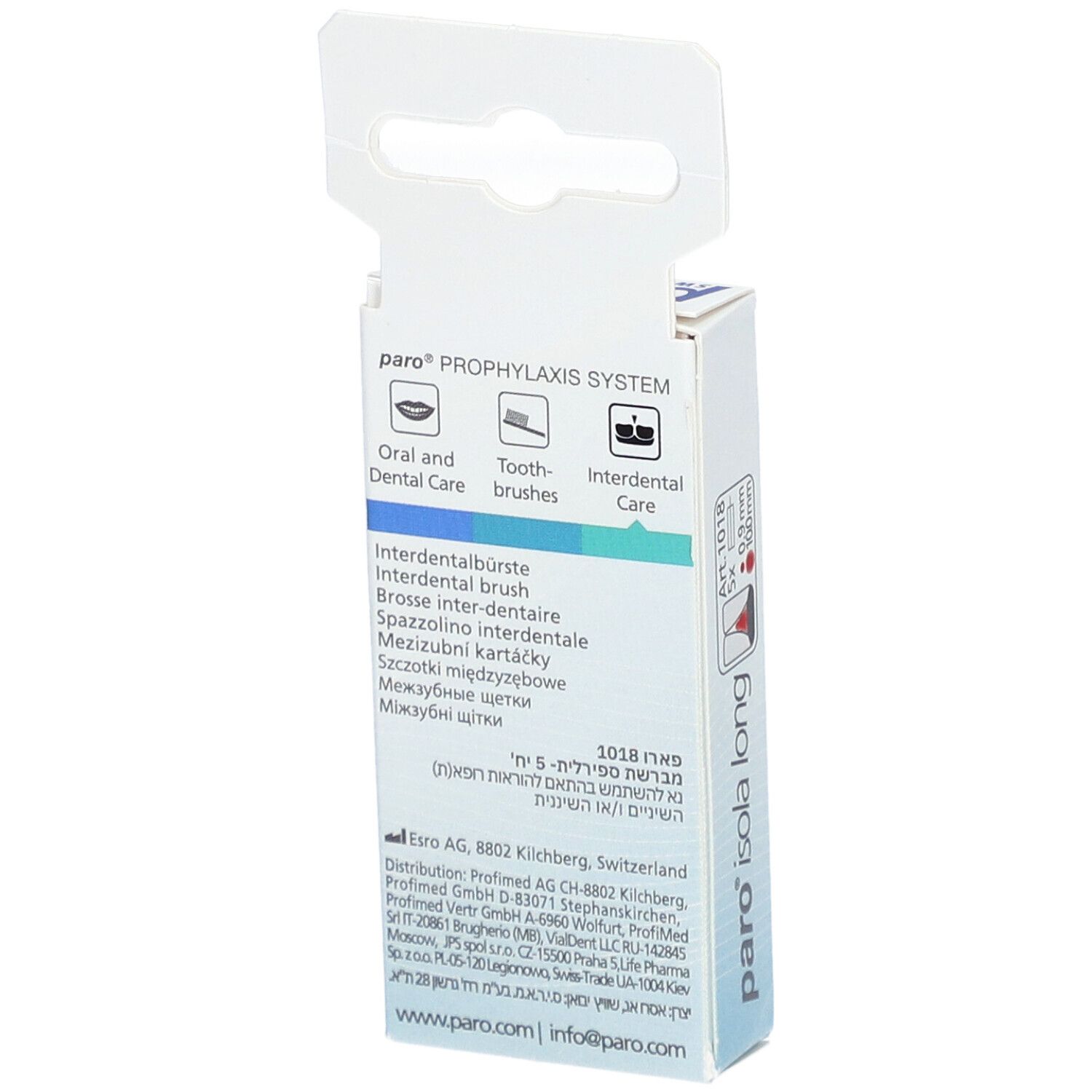 Rückseite der Verpackung paro® Isola Long. Produktinformationen und Markenlogo.