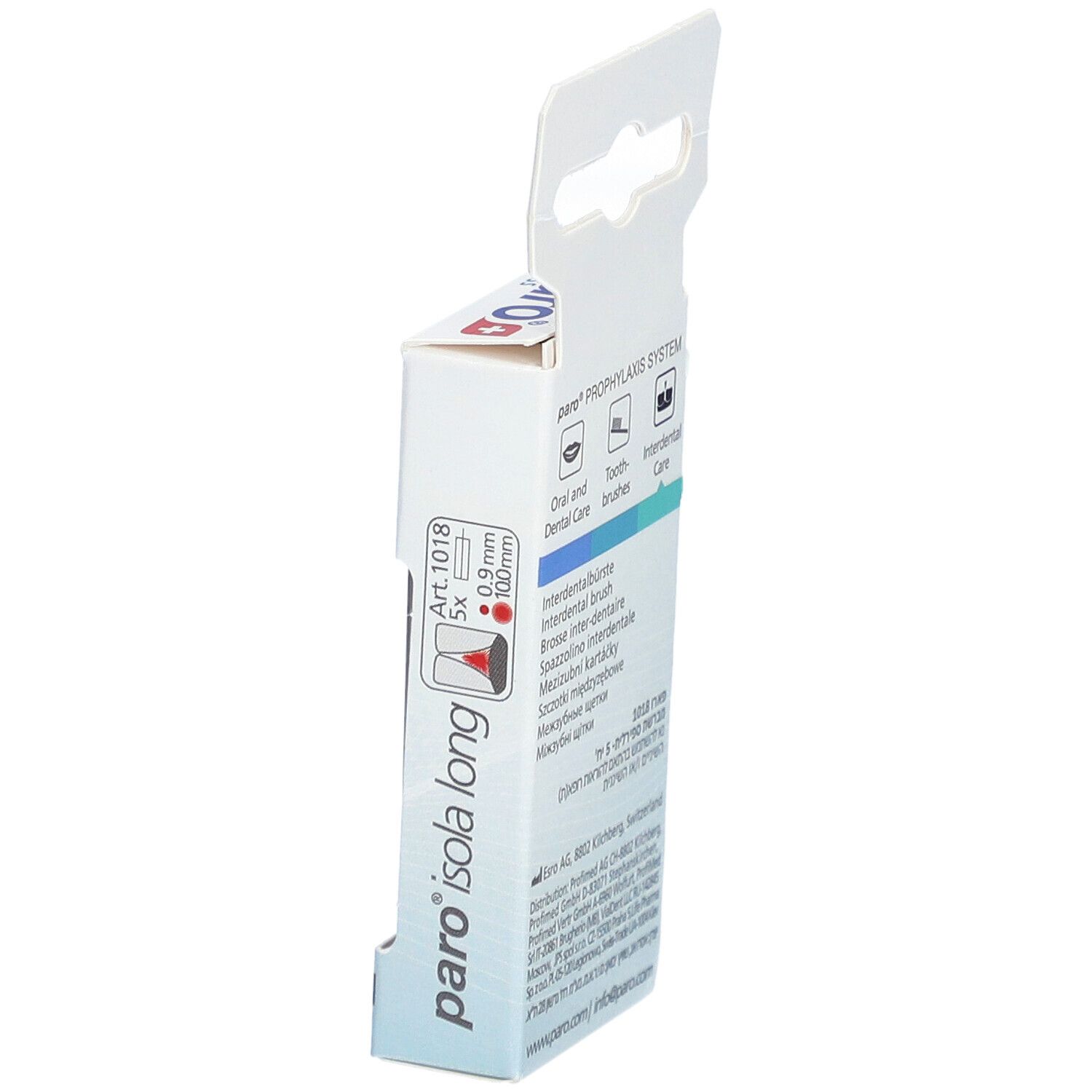 Seitenansicht der Verpackung paro® Isola Long. Produktbezeichnung und Marke.