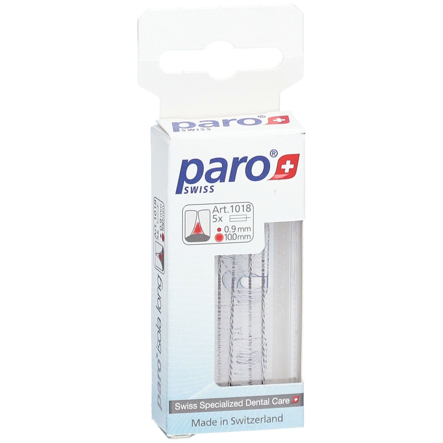 Verpackung mit paro® Isola Long. Sichtfenster zeigt Interdentalbürsten. Marke und Produktbezeichnung sichtbar.