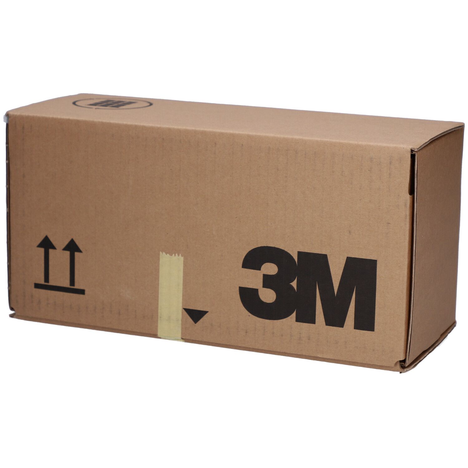 Boîte en carton avec logo 3M. Marques de flèches. Fermeture adhésive. Vue en coin.