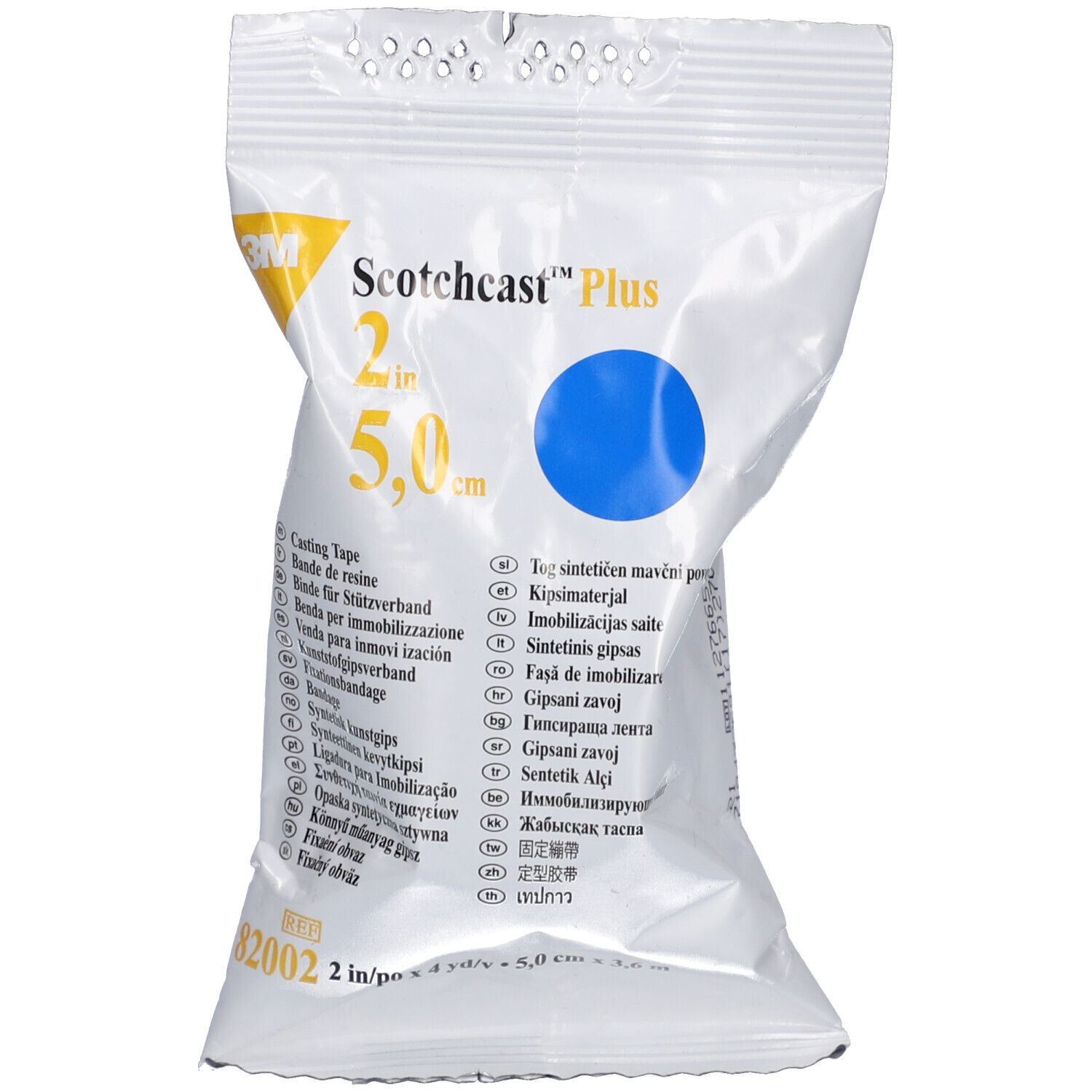 Emballage blanc avec cercle bleu. Inscription: Scotchcast Plus, 5,0 cm. Textes multilingues.