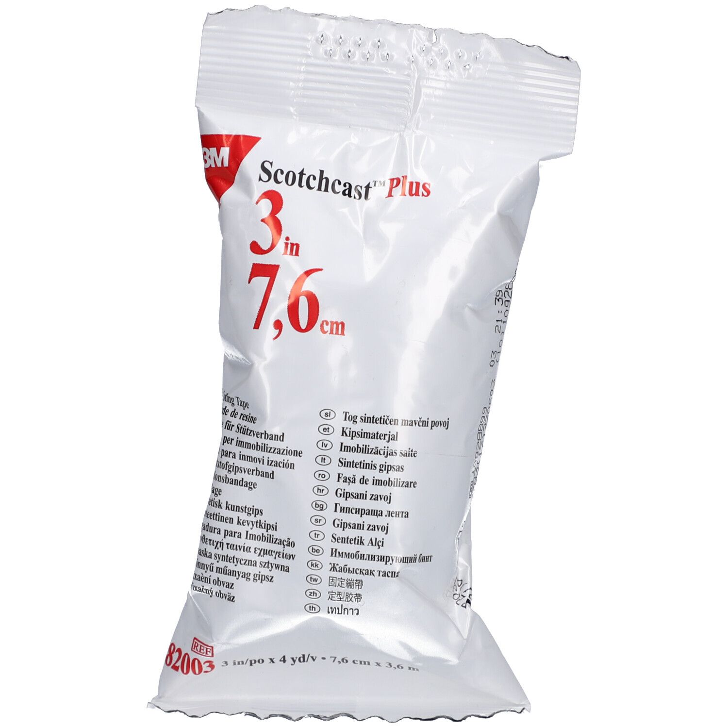 Emballage de 3M Scotchcast Plus. Bandage blanc, 7,6 cm de large. Informations produit et marque visibles.