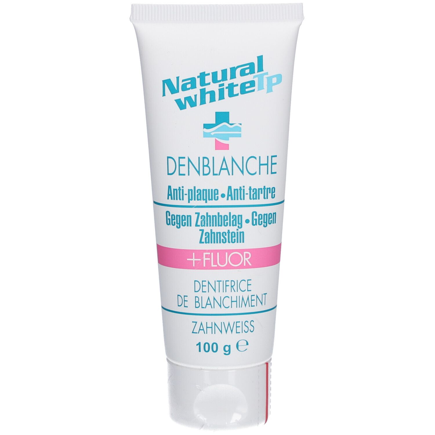 Zahncreme-Tube, weiß, mit Produktnamen und blauen/pinken Akzenten. Text: Denblanche, + Fluor, Zahnweiss.