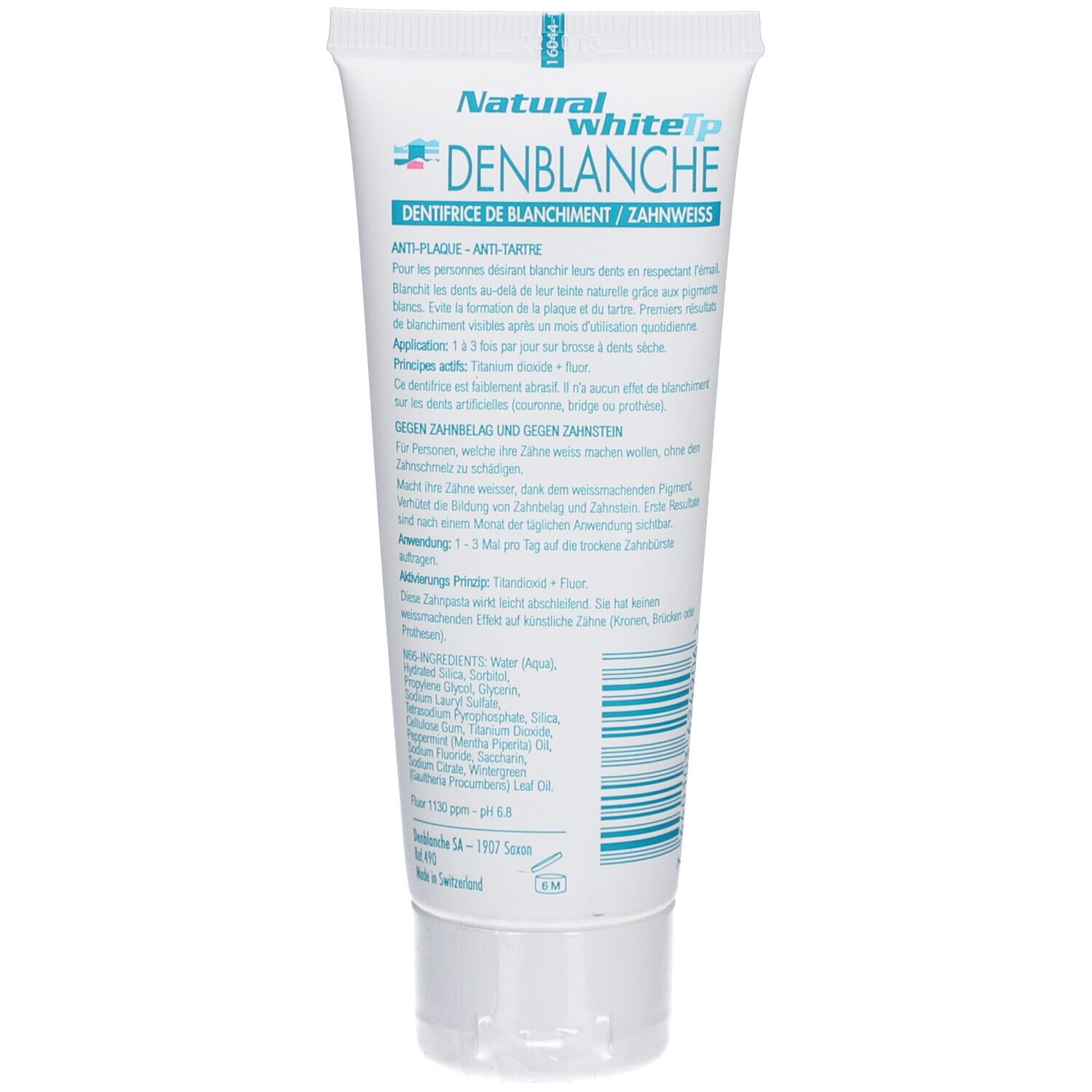 Rückseite der Zahncreme-Tube. Text in mehreren Sprachen. Enthält Inhaltsstoffe und Anweisungen. Marke: Natural white.