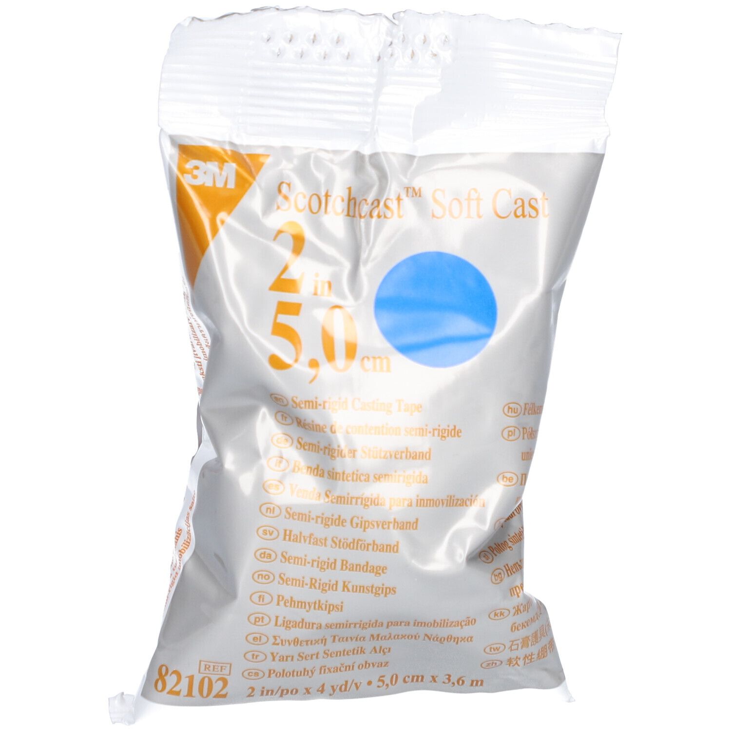 3M Scotchcast Soft Cast in Verpackung. Blaues Produkt sichtbar. Text: 5,0 cm x 3,6 m.