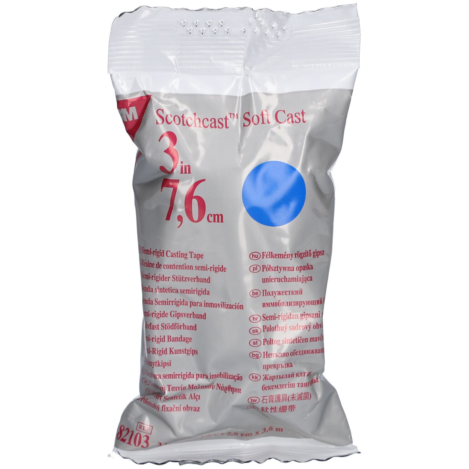 Emballage de 3M Scotchcast Soft Cast. Ruban bleu, 7,6 cm de large. Informations produit et logo.