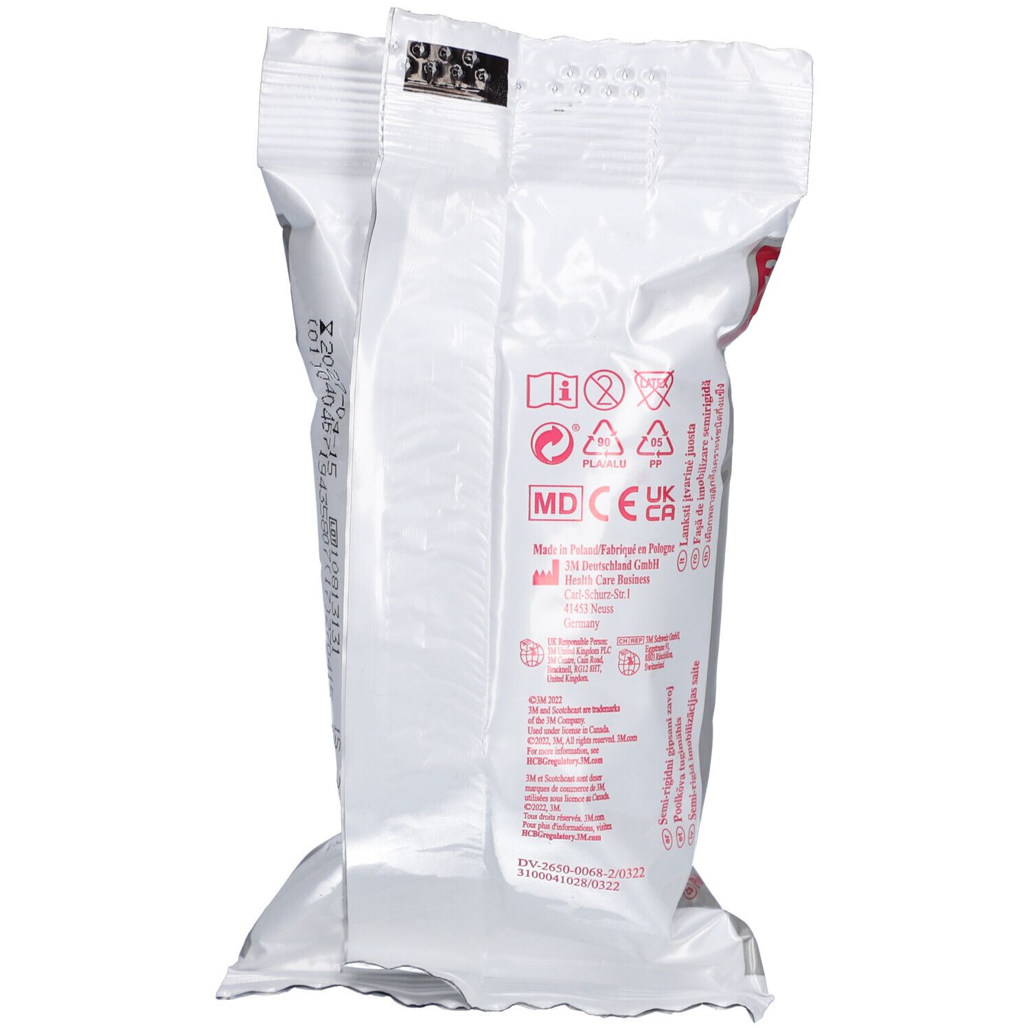 Dos de l'emballage de 3M Scotchcast Soft Cast. Texte et symboles, dont marquage CE.