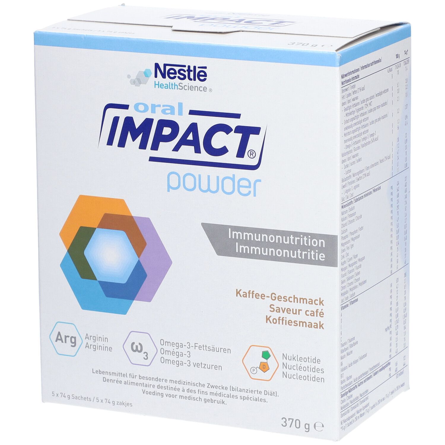 Boîte de poudre Oral Impact. Inscription : Nestle Health Science, Oral Impact Powder, Immunonutrition, saveur café. 370g.