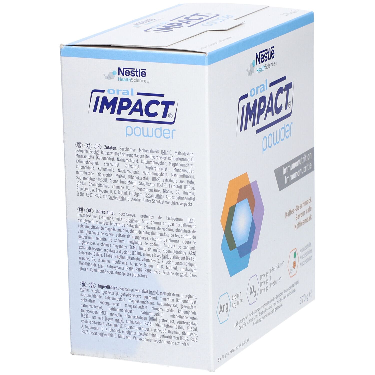 Boîte de poudre Oral Impact. Inscription : Nestle Health Science, Oral Impact Powder, Immunonutrition. Liste des ingrédients et valeurs nutritionnelles.