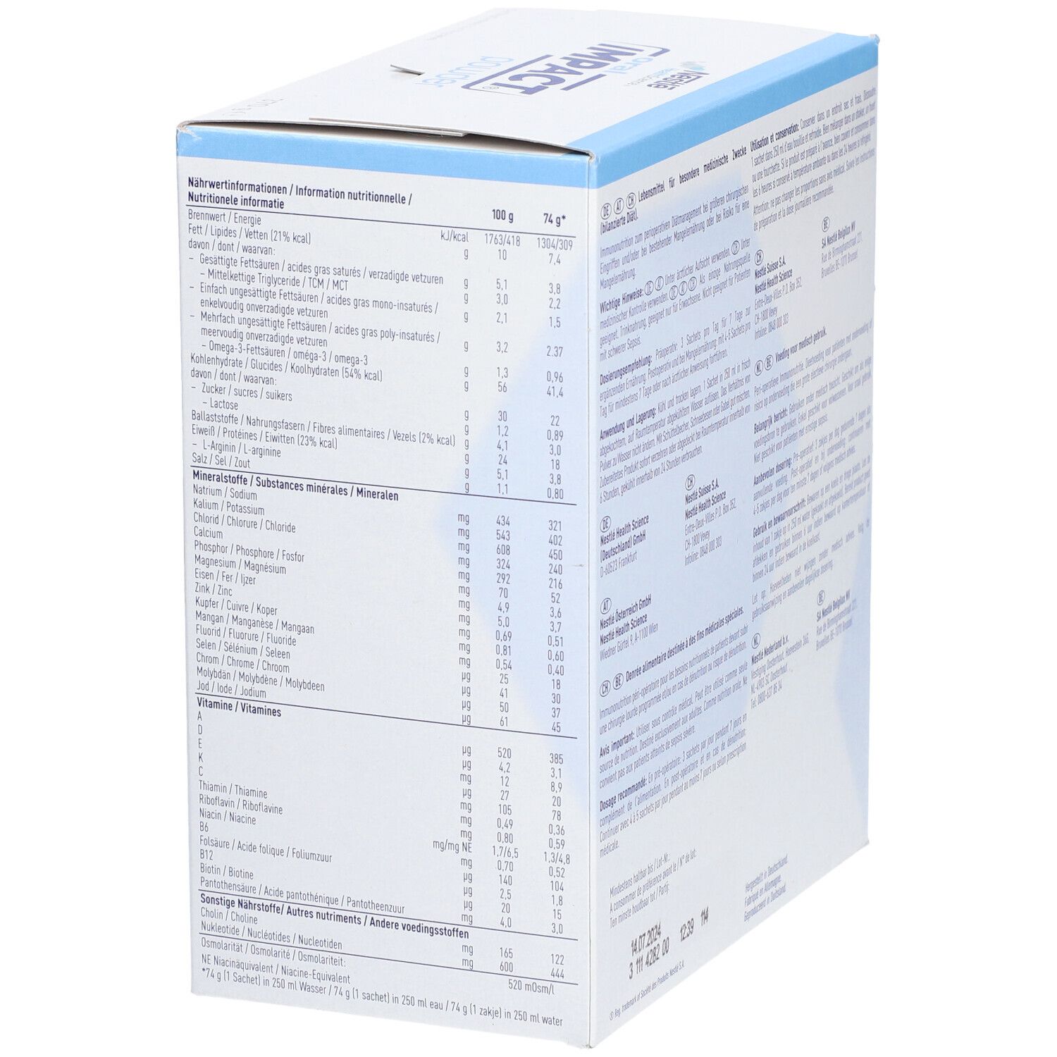 Boîte de poudre Oral Impact. Arrière avec informations nutritionnelles. Tableaux des valeurs nutritionnelles par portion et pour 100g.