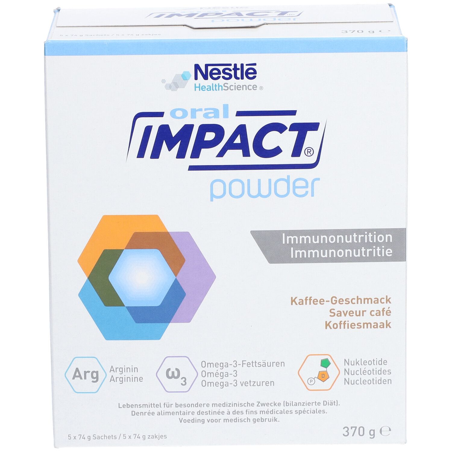 Boîte de poudre Oral Impact. Inscription : Nestle Health Science, Oral Impact Powder, Immunonutrition, saveur café. 370g.
