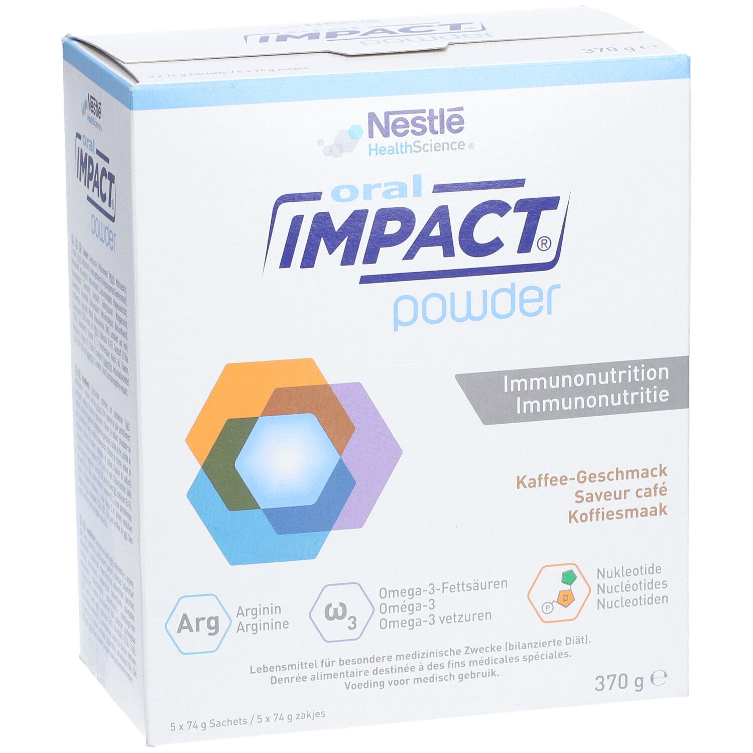 Boîte de poudre Oral Impact. Inscription : Nestle Health Science, Oral Impact Powder, Immunonutrition, saveur café. 370g.