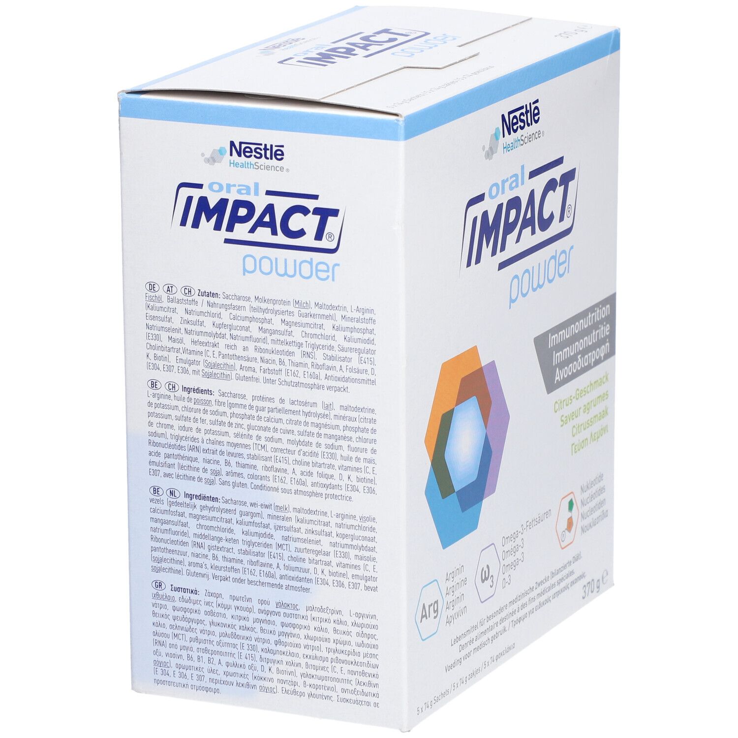 Karton von Oral Impact Powder. Aufschrift: Nestle Health Science, Immunonutrition, Citrus-Geschmack, 370g.