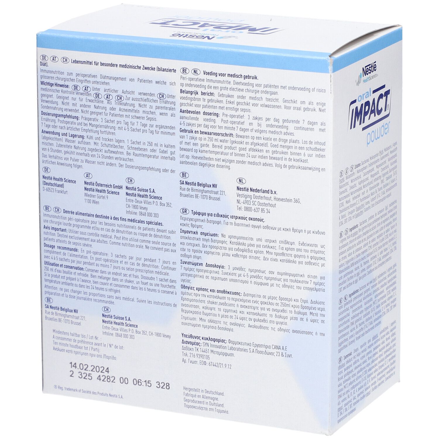 Rückseite der Oral Impact Powder-Verpackung. Text in mehreren Sprachen. Nestle Health Science Logo.