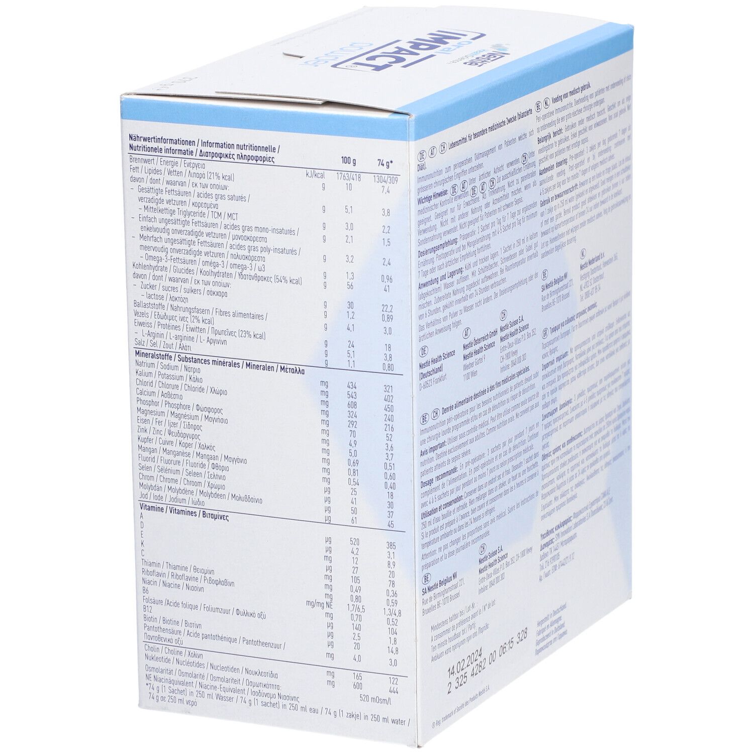 Seite der Oral Impact Powder-Verpackung. Nährwertinformationen und Inhaltsstoffe. Nestle Health Science Logo.
