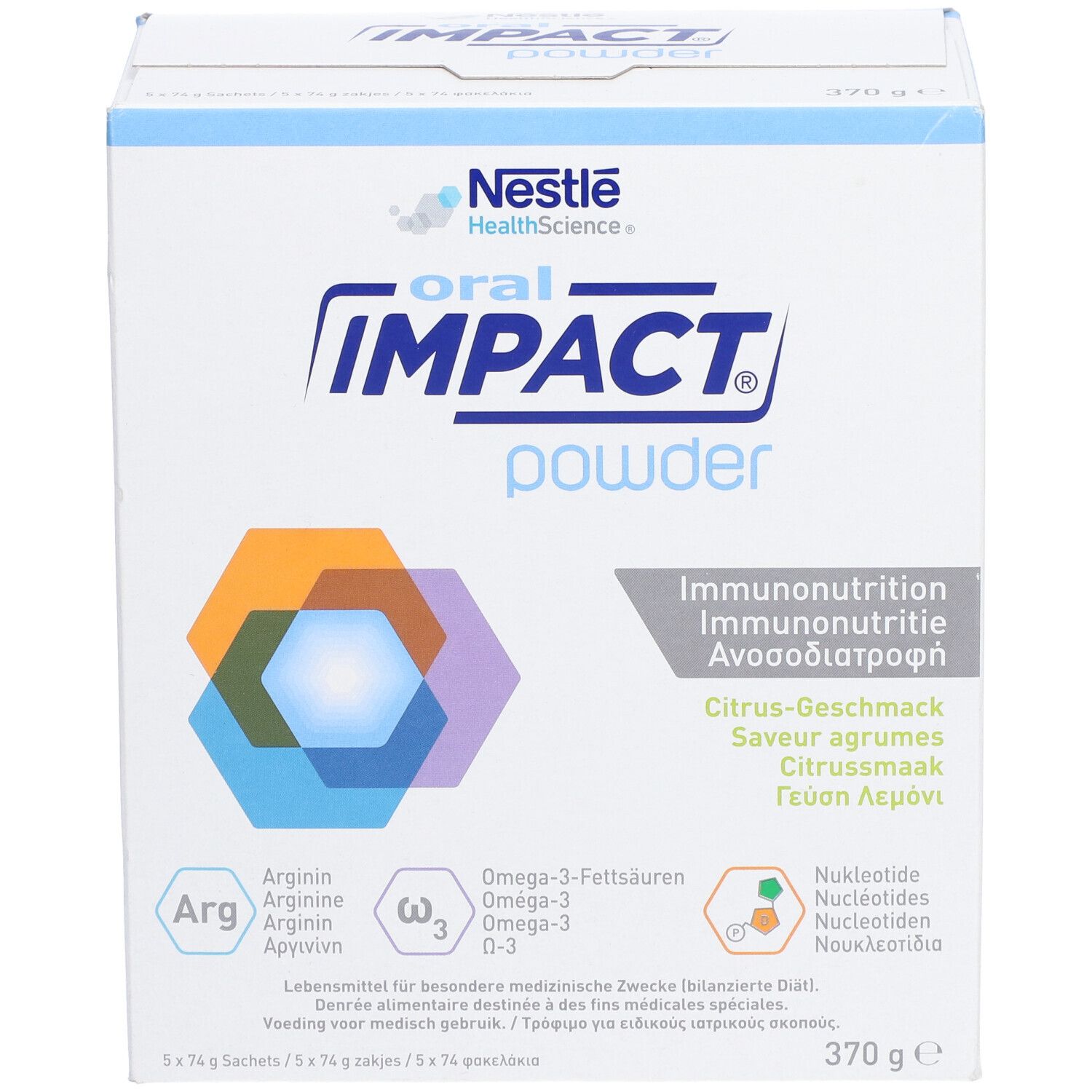 Karton von Oral Impact Powder. Aufschrift: Nestle Health Science, Immunonutrition, Citrus-Geschmack, 370g.