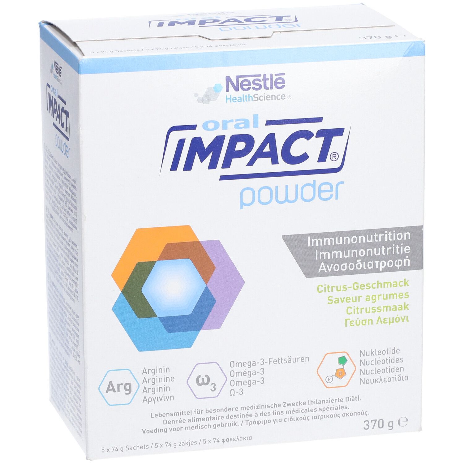 Karton von Oral Impact Powder. Aufschrift: Nestle Health Science, Immunonutrition, Citrus-Geschmack, 370g.