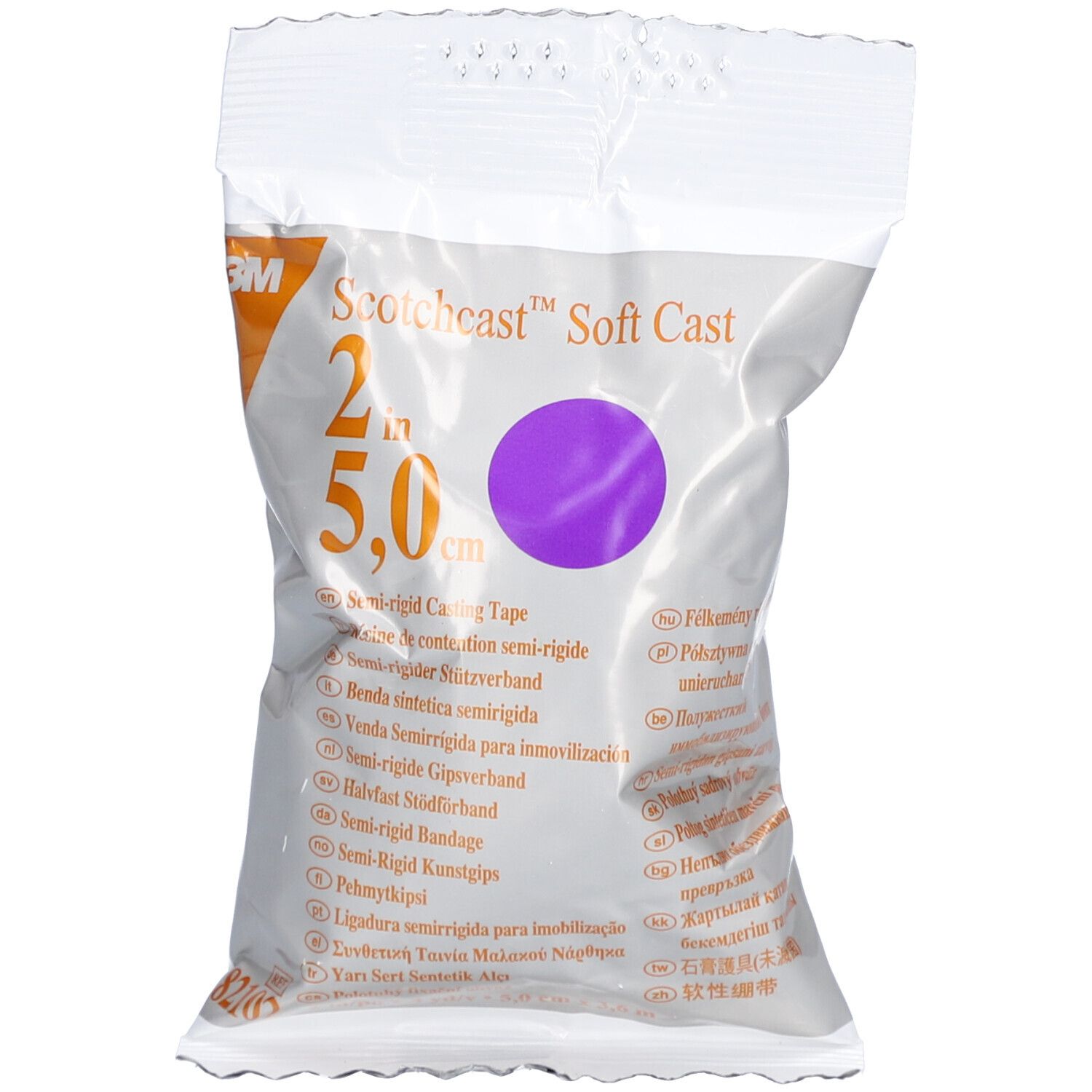 Verpackung mit 3M Scotchcast Soft Cast. Violette Rolle, 5,0 cm breit. Produktinformationen und Logo sichtbar.