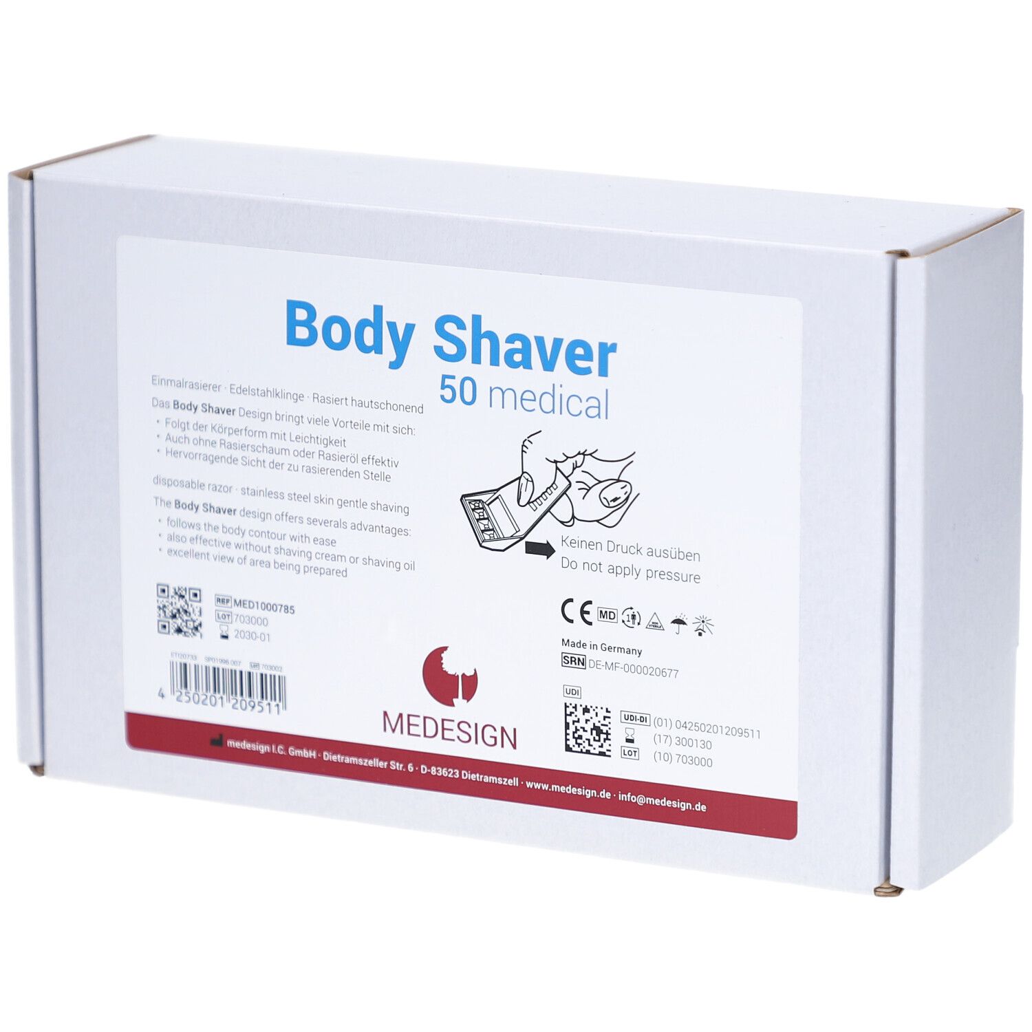 Weiße Kartonverpackung mit Aufschrift "Body Shaver 50 medical". Enthält Produktinformationen, Piktogramme und das Logo von MEDESIGN.