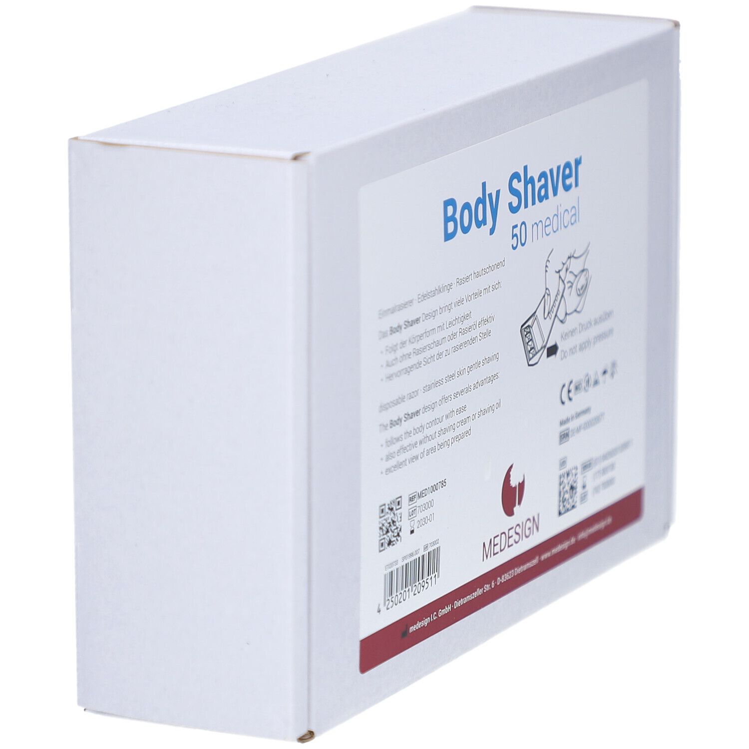 Kartonverpackung, weiß, mit Aufschrift "Body Shaver 50 medical". Seitenansicht, zeigt Produktinformationen und das Logo von MEDESIGN.