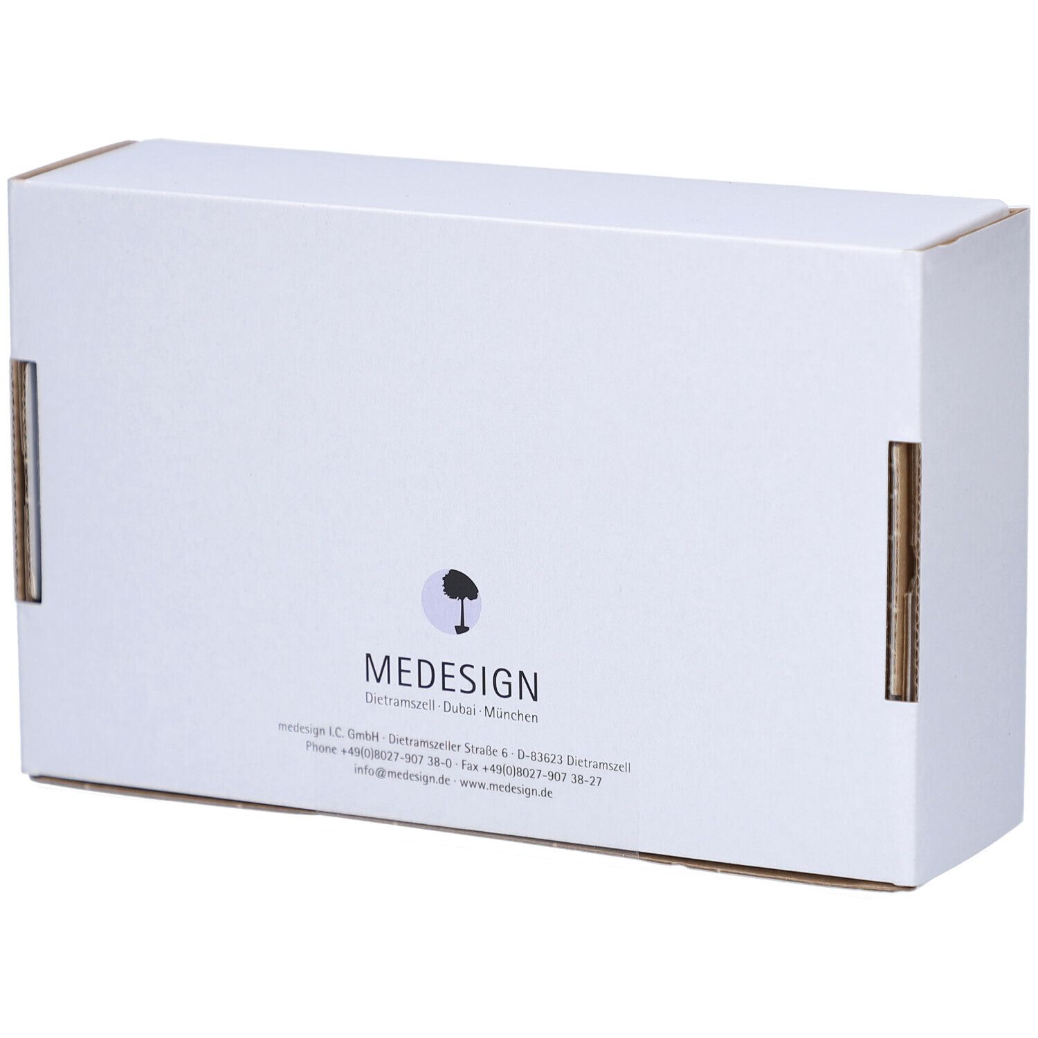 Rückseite einer weißen Kartonverpackung. Zeigt das MEDESIGN-Logo und Kontaktinformationen. Text in Deutsch.