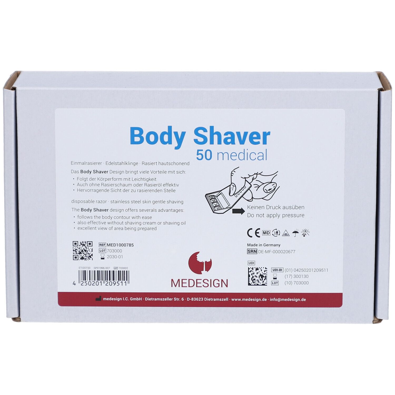 Weiße Kartonverpackung mit Aufschrift "Body Shaver 50 medical". Enthält Produktinformationen, Piktogramme und das Logo von MEDESIGN.