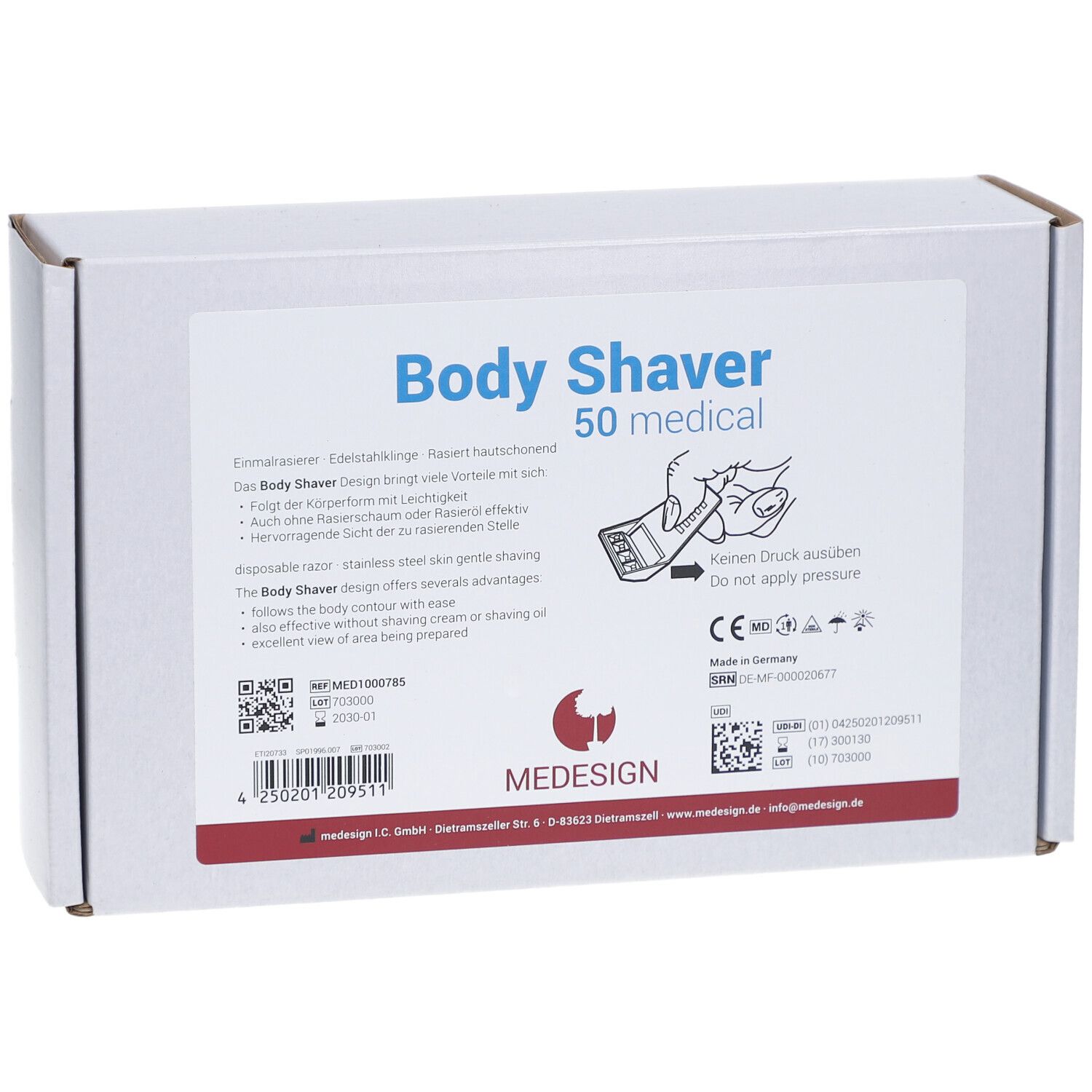 Weiße Kartonverpackung mit Aufschrift "Body Shaver 50 medical". Enthält Produktinformationen, Piktogramme und das Logo von MEDESIGN.