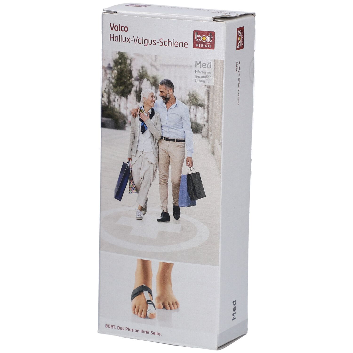 Verpackung der BORT Valco Hallux-Valgus-Schiene. Aufdruck: Valco, Hallux-Valgus-Schiene, Med, BORT. Abbildung: Fuß mit Schiene.